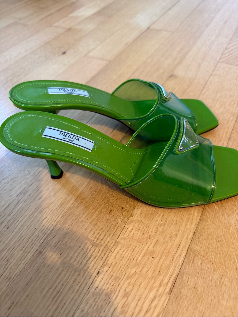Prada Neon Green Patent PVC Triangle Logo Slides Size 37.5 Fits US 7.5 w/ Box - Picture 5 of 10